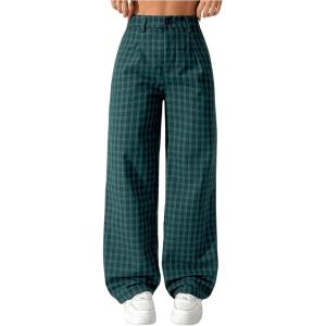 imageSOLY HUX Womens Plaid Pants Y2K High Waisted Wide Leg Casual Loose Long TrousersGreen Gingham