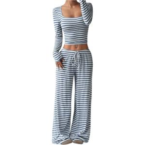 imageSOLY HUX Womens Striped 2 Piece Outfits Square Neck Long Sleeve Crop Tops and Wide Leg Pants Matching SetsMulticoloured Striped