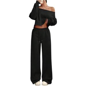 imageSOLY HUX Womens Sweatsuits Off The Shoulder Crop Top and Drawstring Long Pants 2 Piece Fall OutfitsPure Black