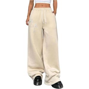 imageSOLY HUX Womens Y2k Baggy Pants Drawstring Waist Gothic Rhinestone Wide Leg SweatpantsApricot Printed