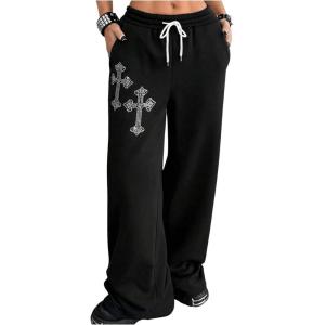 imageSOLY HUX Womens Y2k Baggy Pants Drawstring Waist Gothic Rhinestone Wide Leg SweatpantsBlack Printed