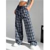 imageSOLY HUX Womens Plaid Print Straight Leg Trousers Drawstring High Waist Lounge Pants Casual Loose Long PantsBlue Plaid