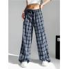 imageSOLY HUX Womens Plaid Print Straight Leg Trousers Drawstring High Waist Lounge Pants Casual Loose Long PantsBlue Plaid