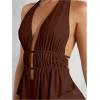 imageSOLY HUX Womens Sexy 2 Piece Outfits Hollow Out Asymmetrical Halter Top Bodycon Mini Skirt Party Club SetsCoffee Brown