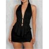 imageSOLY HUX Womens Sexy 2 Piece Outfits Hollow Out Asymmetrical Halter Top Bodycon Mini Skirt Party Club SetsPlain Black