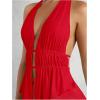imageSOLY HUX Womens Sexy 2 Piece Outfits Hollow Out Asymmetrical Halter Top Bodycon Mini Skirt Party Club SetsRose Red