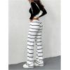 imageSOLY HUX Womens Striped Pants Drawstring Low Rise Flare Leg Long Pants TrousersDark Blue Striped