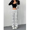 imageSOLY HUX Womens Striped Pants Drawstring Low Rise Flare Leg Long Pants TrousersWhite Striped