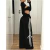 imageSOLY HUX Womens Striped Side Bow Knot Pants Elastic Waist Baggy Wide Leg Long PantsBlack Striped