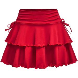 imageSOLY HUX Girls Summer Mini Skirts High Waisted Ruffle Layered Skirts Swing Flowy Skater Tennis SkirtPlain Red