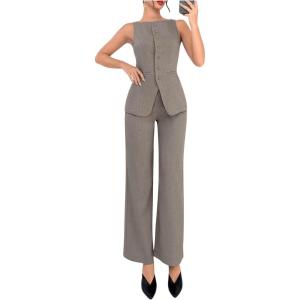 imageSOLY HUX Womens 2 Piece Business Casual Outfit Button Down Boat Neck Sleeveless Vest and Pants SetKhaki