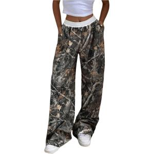 imageSOLY HUX Womens Camo Pants Elastic Waist Baggy Wide Leg Y2k Sweatpants with PocketsBrown Maple Leaf