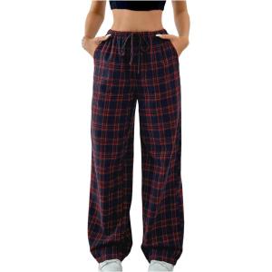 imageSOLY HUX Womens Casual Plaid Baggy Pants High Waisted Y2k Pants Drawstring Sweatpants StreetwearRed Plaid