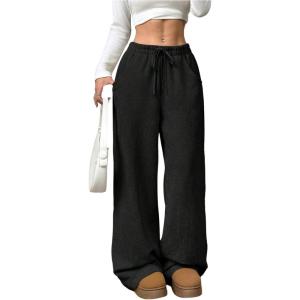 imageSOLY HUX Womens Drawstring Wide Leg Pants Corduroy Baggy Sweatpants with PocketsSolid Black