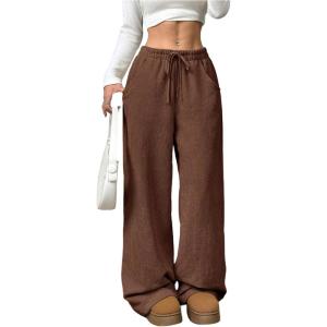 imageSOLY HUX Womens Drawstring Wide Leg Pants Corduroy Baggy Sweatpants with PocketsSolid Brown
