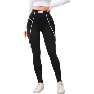 imageSOLY HUX Womens High Waisted Leggings Contrast Binding Letter Patched Workout Running Yoga PantsBlack Letter