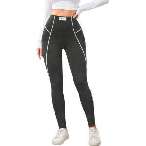 imageSOLY HUX Womens High Waisted Leggings Contrast Binding Letter Patched Workout Running Yoga PantsDark Grey Letter