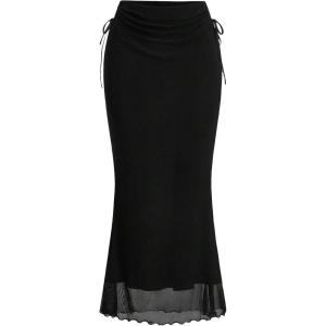 imageSOLY HUX Womens Mesh Tie Side Ruched Long Skirt Elastic Waist Bodycon Fishtail SkirtsPlain Black