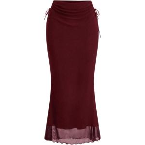 imageSOLY HUX Womens Mesh Tie Side Ruched Long Skirt Elastic Waist Bodycon Fishtail SkirtsPure Burgundy