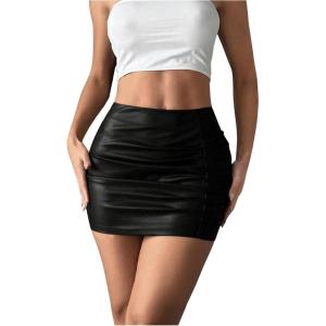 imageSOLY HUX Womens PU Leather Bodycon Skirt High Waisted Ruched Mini SkirtsPlain Black
