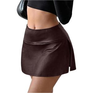 imageSOLY HUX Womens PU Leather High Waisted Skorts Shorts Side Slit Flared Mini Skirt with Built in ShortsPure Brown