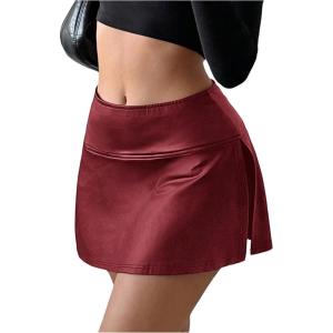 imageSOLY HUX Womens PU Leather High Waisted Skorts Shorts Side Slit Flared Mini Skirt with Built in ShortsPure Red