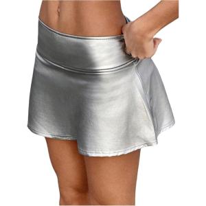 imageSOLY HUX Womens PU Leather High Waisted Skorts Shorts Side Slit Flared Mini Skirt with Built in ShortsPure Silver