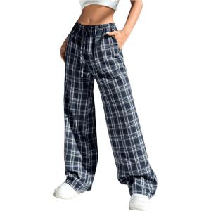 imageSOLY HUX Womens Plaid Print Straight Leg Trousers Drawstring High Waist Lounge Pants Casual Loose Long PantsBlue Plaid