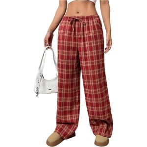 imageSOLY HUX Womens Plaid Print Straight Leg Trousers Drawstring High Waist Lounge Pants Casual Loose Long PantsRed Plaid