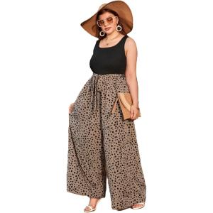 imageSOLY HUX Womens Plus Size Print Belted Jumpsuits Casual Summer Sleeveless Square Neck Wide Leg Tank Romper Long PantsBlack and Beige