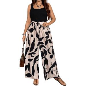 imageSOLY HUX Womens Plus Size Print Belted Jumpsuits Casual Summer Sleeveless Square Neck Wide Leg Tank Romper Long PantsBlack and Bronze