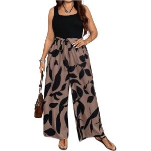 imageSOLY HUX Womens Plus Size Print Belted Jumpsuits Casual Summer Sleeveless Square Neck Wide Leg Tank Romper Long PantsBlack and Brown