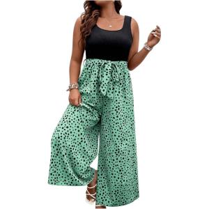 imageSOLY HUX Womens Plus Size Print Belted Jumpsuits Casual Summer Sleeveless Square Neck Wide Leg Tank Romper Long PantsBlack and Green