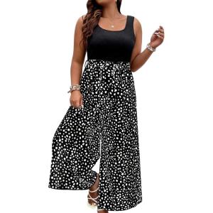 imageSOLY HUX Womens Plus Size Print Belted Jumpsuits Casual Summer Sleeveless Square Neck Wide Leg Tank Romper Long PantsBlack and White
