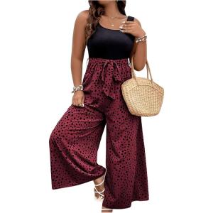 imageSOLY HUX Womens Plus Size Print Belted Jumpsuits Casual Summer Sleeveless Square Neck Wide Leg Tank Romper Long PantsHot Pink and Black