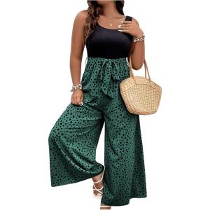 imageSOLY HUX Womens Plus Size Print Belted Jumpsuits Casual Summer Sleeveless Square Neck Wide Leg Tank Romper Long PantsMint Green and Black