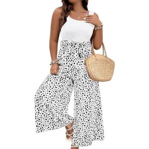 imageSOLY HUX Womens Plus Size Print Belted Jumpsuits Casual Summer Sleeveless Square Neck Wide Leg Tank Romper Long PantsWhite Multi