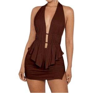 imageSOLY HUX Womens Sexy 2 Piece Outfits Hollow Out Asymmetrical Halter Top Bodycon Mini Skirt Party Club SetsCoffee Brown