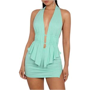 imageSOLY HUX Womens Sexy 2 Piece Outfits Hollow Out Asymmetrical Halter Top Bodycon Mini Skirt Party Club SetsMint Blue