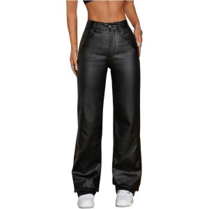 imageSOLY HUX Womens Straight Leg Pants High Waisted Casual PU Leather Long TrousersPure Black