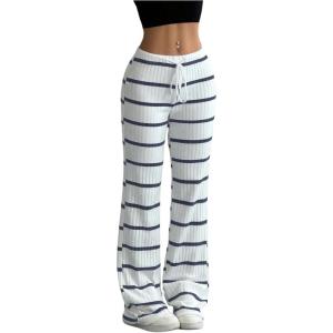 imageSOLY HUX Womens Striped Pants Drawstring Low Rise Flare Leg Long Pants TrousersDark Blue Striped