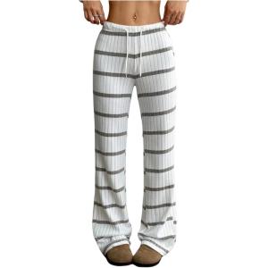 imageSOLY HUX Womens Striped Pants Drawstring Low Rise Flare Leg Long Pants TrousersGrey Striped