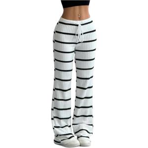 imageSOLY HUX Womens Striped Pants Drawstring Low Rise Flare Leg Long Pants TrousersWhite Striped