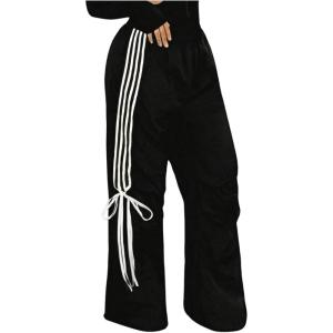 imageSOLY HUX Womens Striped Side Bow Knot Pants Elastic Waist Baggy Wide Leg Long PantsBlack Striped