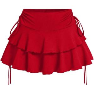 imageSOLY HUX Womens Summer Ruffle Layered Mini Skirts Drawstring Ruched High Waisted Flowy Skater SkirtsPure Red