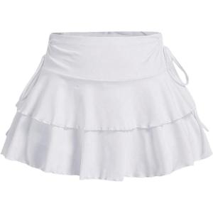 imageSOLY HUX Womens Summer Ruffle Layered Mini Skirts Drawstring Ruched High Waisted Flowy Skater SkirtsPure White