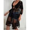 imageSOLY HUX Swim Cover Up for Women Sheer Mesh Embroidery 34 Sleeve Open Tie Front Kimono SwimsuitBlack