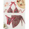 imageSOLY HUX Womens 3 Piece Swimsuit Leopard Cherry Print Halter Bikini Set Bathing Suit with Sarong Wraps Cover UpMulticoloured Leopard