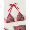 imageSOLY HUX Womens 3 Piece Swimsuit Leopard Cherry Print Halter Bikini Set Bathing Suit with Sarong Wraps Cover UpMulticoloured Leopard