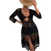imageSOLY HUX Swim Cover Up for Women Sheer Mesh Embroidery 34 Sleeve Open Tie Front Kimono SwimsuitBlack